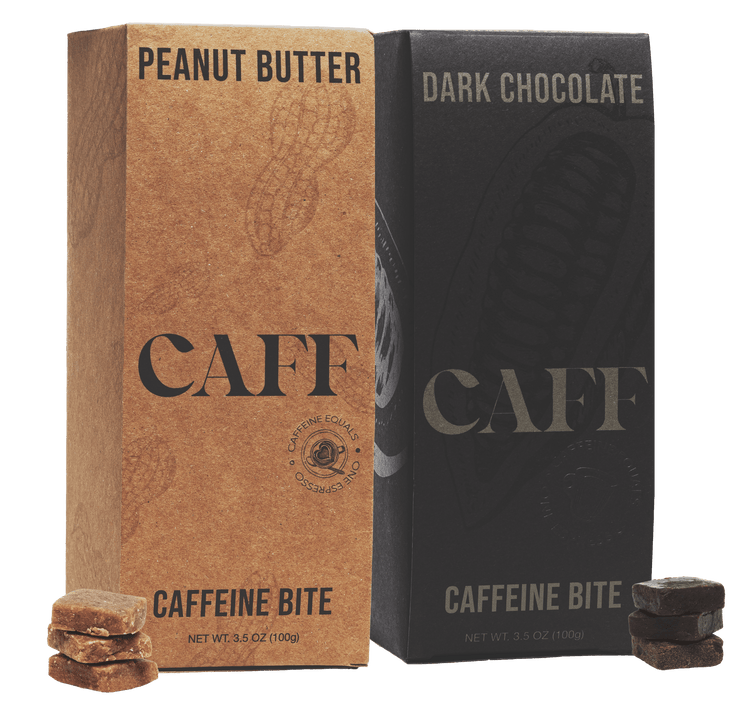 CAFF Peanut Butter and Dark Chocolate boxes with stacked bites